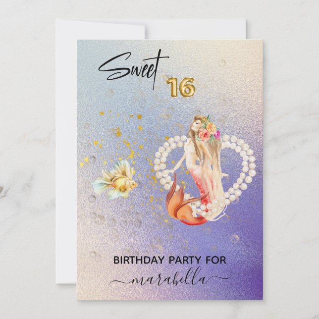 *~* SWEET SIXTEEN Hjärtat Sjöjungfru Pearl 16 föde Inbjudningar (Framsida)