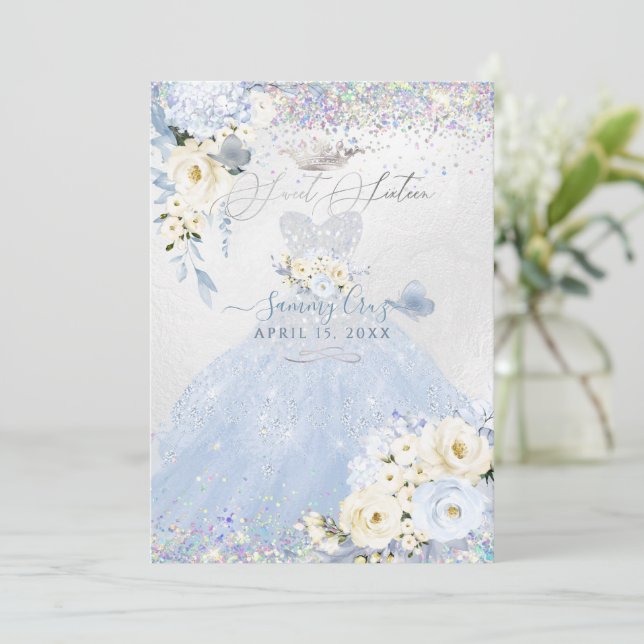 Sweet sixteen HoloGrapy Dusty Blue Silver Dress Inbjudningar (Stående Fram)