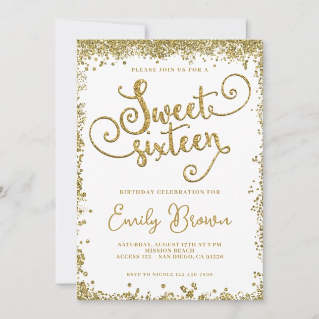 Sweet sixteen inbjudan faux guld glitter (Framsida)