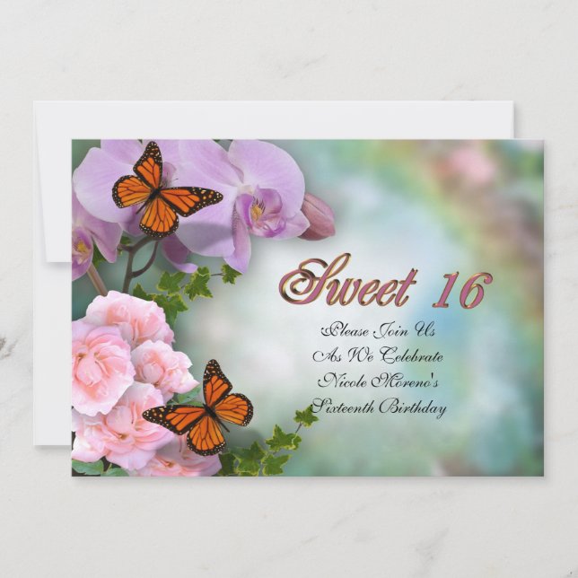 Sweet sixteen Inbjudan, fjärilar och blommor Inbjudningar (Framsida)