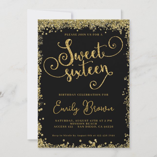 Sweet sixteen Inbjudan Svarta och faux guld glitte (Framsida)