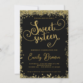 Sweet sixteen Inbjudan Svarta och faux guld glitte