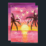 Sweet sixteen inbjudningar för<br><div class="desc">Sweet sixteen inbjudningar för strandsolnedgångfödelsedag. Vibrerande och djärva inbjudningar för sötsak som 16 är designade med en härlig rosa- och lilasolnedgång,  palmträd och stränger lätt,  brytningar. Gjort för sakkunniga för tonåringar,  ska denna solnedgångsweet sixteeninbjudan är en sagolik inledning till din speciella dag.</div>
