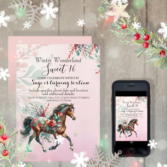 Sweet sixteen jul Horse Inbjudningar (Enjoy this Festive Christmas design! Customize with your favorite holiday event or greeting. )