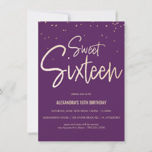 Sweet sixteen Lila & Guld-partiinbjudan Inbjudningar