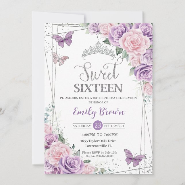 Sweet sixteen Lila Lilac Rosa Blommigt Butterflies Inbjudningar (Framsida)