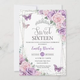 Sweet sixteen Lila Lilac Rosa Blommigt Butterflies Inbjudningar
