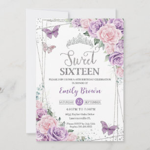 Sweet sixteen Lila Lilac Rosa Blommigt Butterflies Inbjudningar