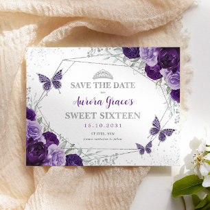 Sweet sixteen lila Silver Blommigt Spara datum Meddelande