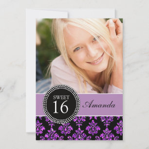 SWEET SIXTEEN LILAGLITTER, SVART DAMAST INBJUDNINGAR