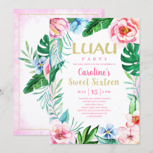 Sweet sixteen Luau Tropical Blommigt Rosa Hawaiian Inbjudningar