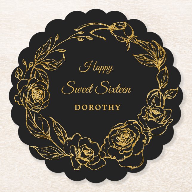 Sweet sixteen Luxe Guld Ro Blommigt Black Underlägg Papper (Framsida)
