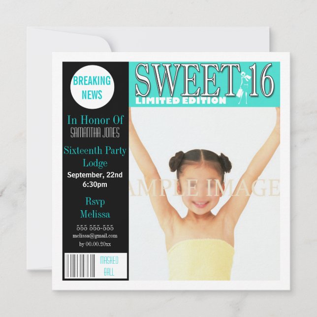 Sweet sixteen magasin aqua PERSONALIZE Inbjudningar (Framsida)