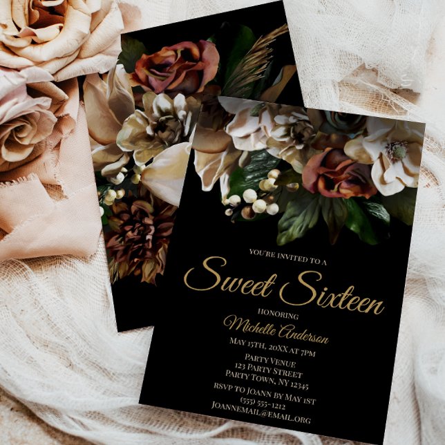 Sweet sixteen Magnolia Top Guld och Black Blommigt Inbjudningar (Skapare uppladdad)