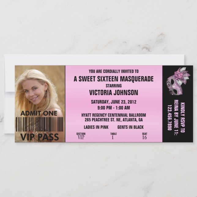 Sweet sixteen maskerad VIP-anslutning Biljett Inbjudningar (Framsida)
