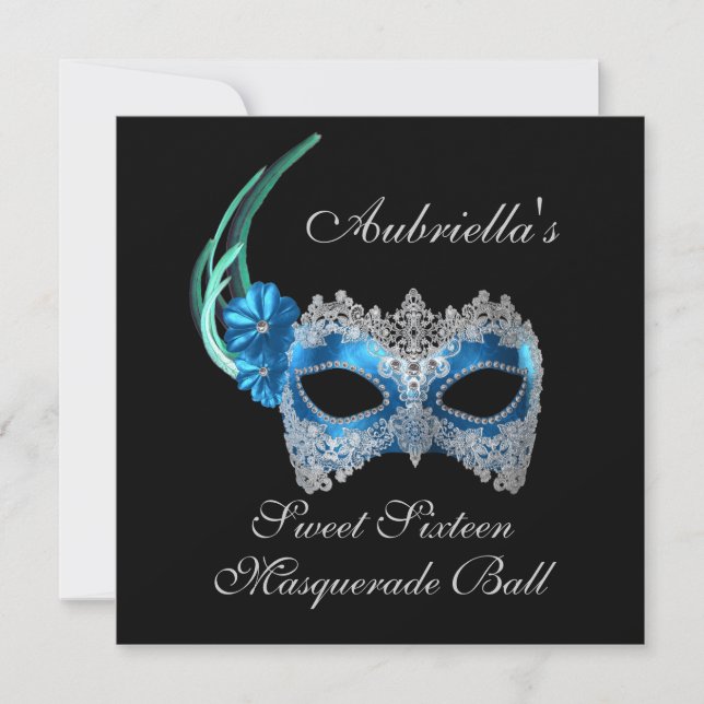 "Sweet sixteen Masquertauterat Boll" Turquise Mask Inbjudningar (Framsida)