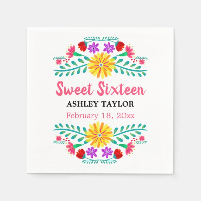 Sweet sixteen mexikanska Blommigten Fiesta White o Pappersservett (Framsidan)