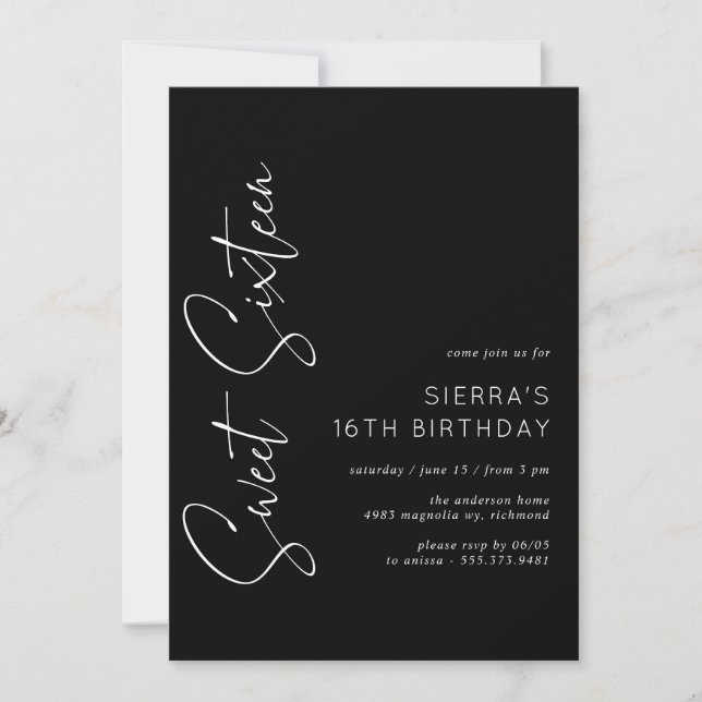 Sweet sixteen | Modern minimal svart 16:e födelsed Inbjudningar (Framsida)