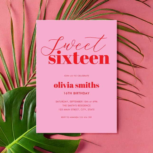 Sweet sixteen Modern Rosa Red 16:e födelsedagen Inbjudningar (Skapare uppladdad)