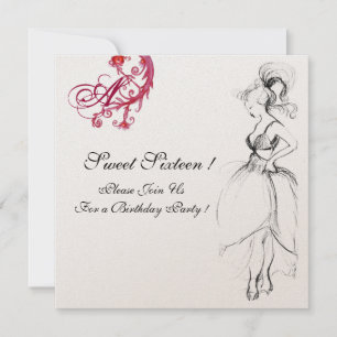 SWEET SIXTEEN MONOGRAM, rödsvart och guld Inbjudningar