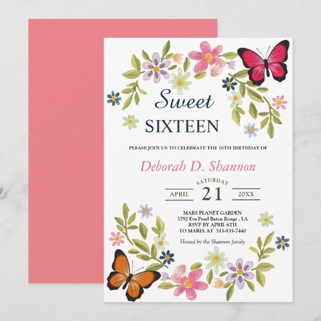 Sweet sixteen naturblommor och fjärilar inbjudningar (Fram/baksida)