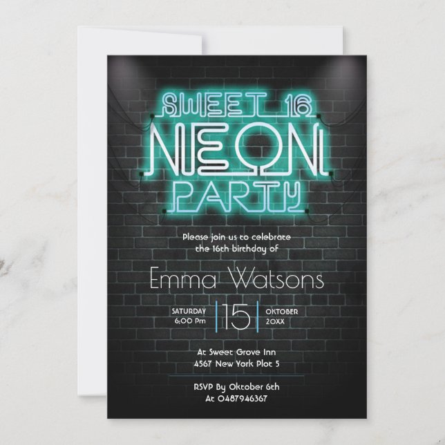 Sweet sixteen Neon Party Blue Inbjudningar (Framsida)