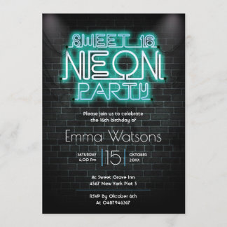 Sweet sixteen Neon Party Blue Inbjudningar