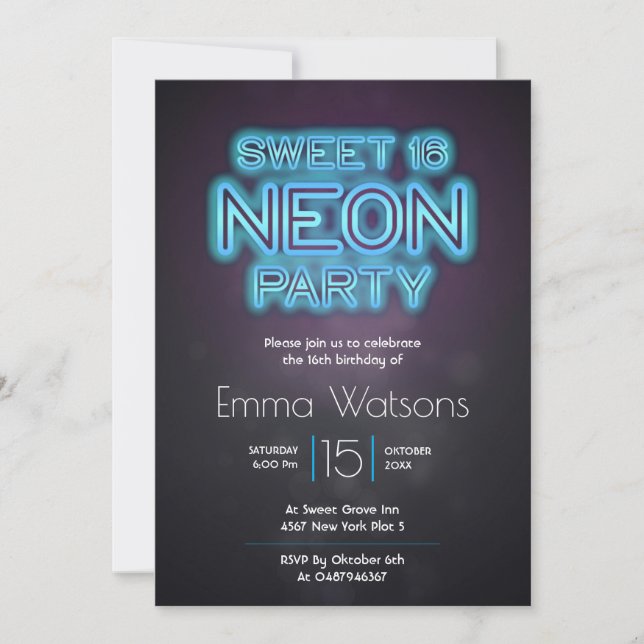 Sweet sixteen Neon Party Blue Inbjudningar (Framsida)