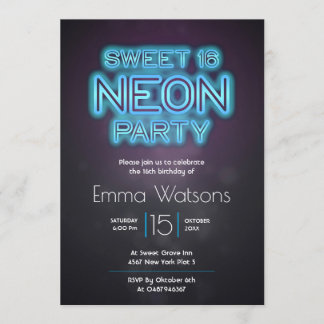 Sweet sixteen Neon Party Blue Inbjudningar