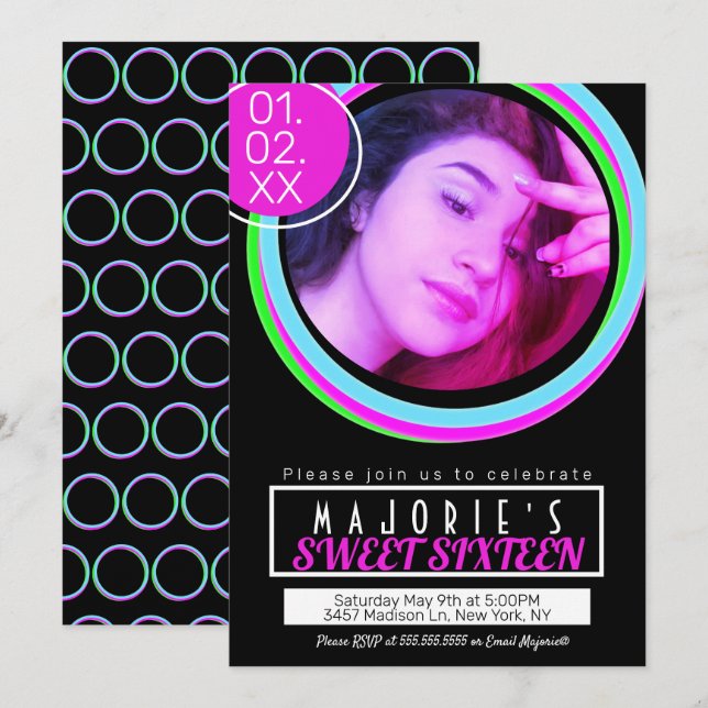 Sweet sixteen Neon Party Klubb Stil glöd Inbjudningar (Fram/baksida)
