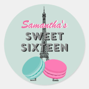 Sweet sixteen Paris Macaron Birthday Sticker Favor Runt Klistermärke