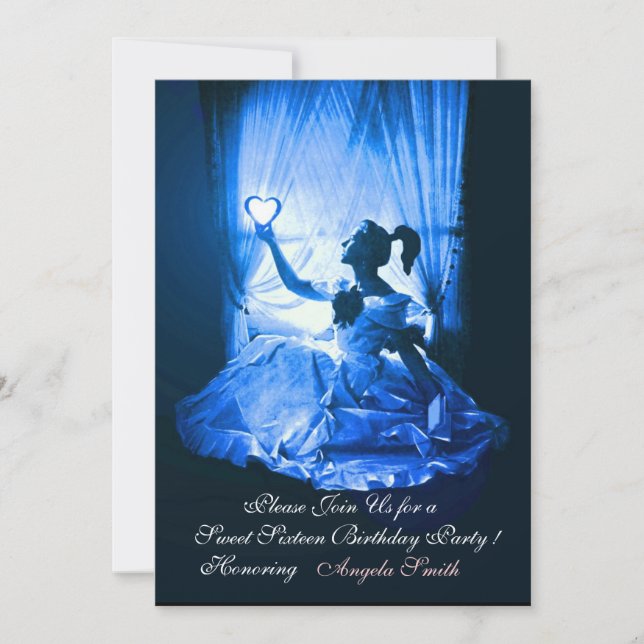 SWEET SIXTEEN PARTY,BLUE BLACK DAMASK Champagne Inbjudningar (Framsida)