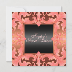 Sweet sixteen Peach Damask Design Birgday Inbjudan