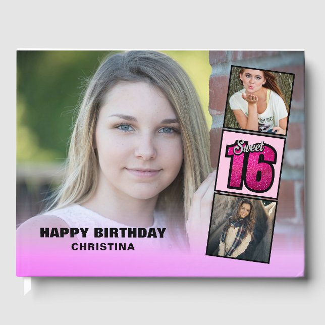 Sweet sixteen Photo Collage Shock rosa Glitter Gästböcker (Framsida)