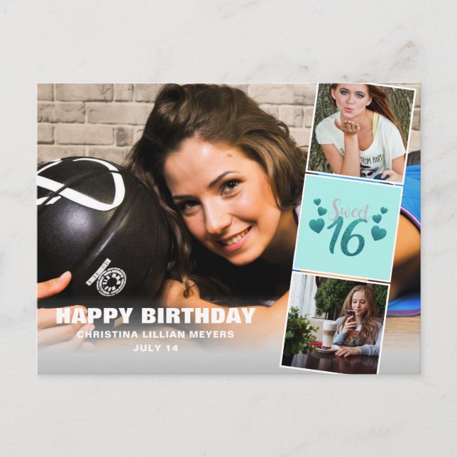 Sweet sixteen Photo Collage Turcos Glitter Vykort (Framsida)