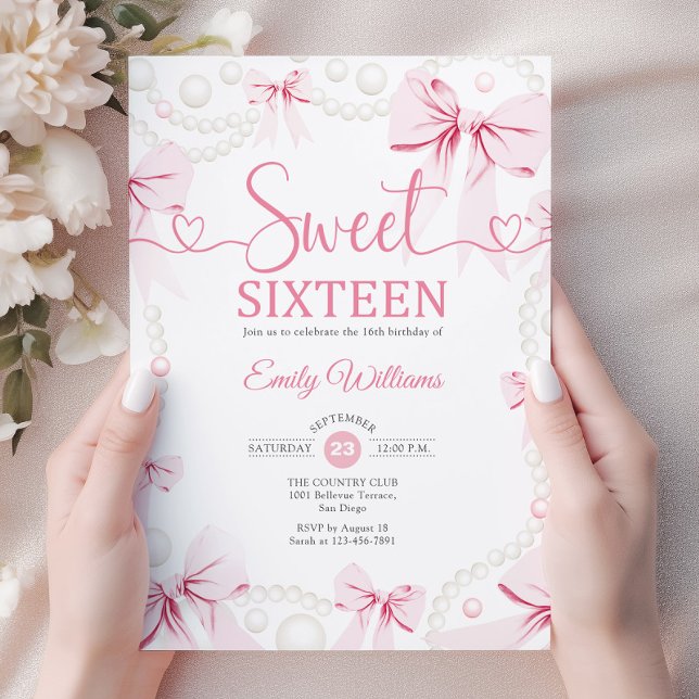 Sweet Sixteen Pink Bows Pearls Coquette Inbjudningar (Skapare uppladdad)