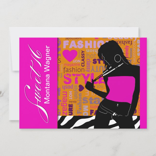 Sweet sixteen Posh Popp Zebra shock rosa| orange Inbjudningar (Framsida)