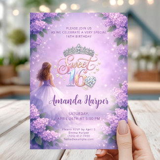 Sweet Sixteen Princess Purple Birthday Card Inbjudningar