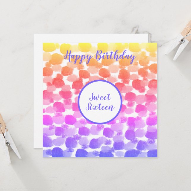 Sweet sixteen Rainbow Färg Watercolor Birthday Kort (Fram/Back In Situ)