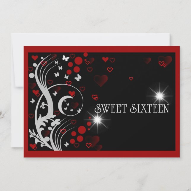Sweet sixteen Red Black Gnistra Butterflies Inbjudningar (Framsida)