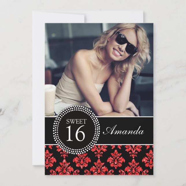 SWEET SIXTEEN, RED GLITTER, SVART DAMASK INBJUDNINGAR (Framsida)