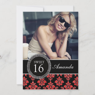 SWEET SIXTEEN, RED GLITTER, SVART DAMASK INBJUDNINGAR