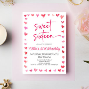 Sweet sixteen Red Rosa Hearts 16:e Födelsedagsfest Inbjudningar