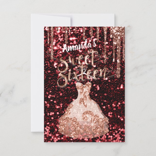 Sweet sixteen Ro Blommigt Dress Glitter Drives Red Inbjudningar (Baksida)