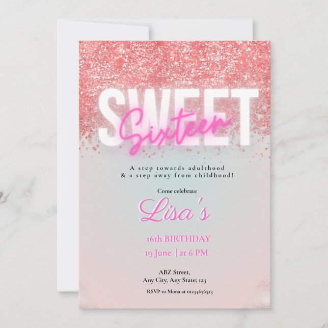 sweet sixteen Ro Rosa glitter födelsedag Inbjudningar (Framsida)