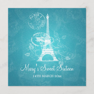Sweet sixteen Romantic Paris Blue Inbjudningar