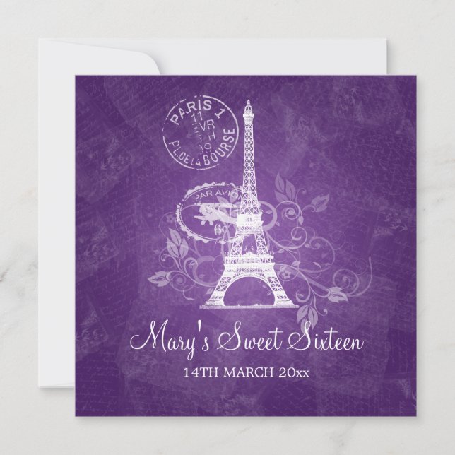 Sweet sixteen Romantic Paris Lila Inbjudningar (Framsida)