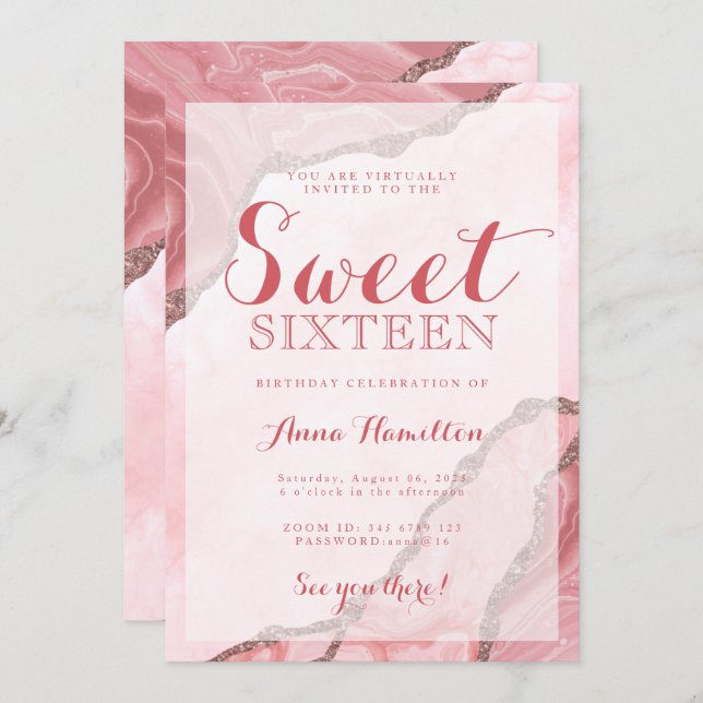 Sweet sixteen  Rosa Agate Virtuell Birthday Inbjudningar (Fram/baksida)