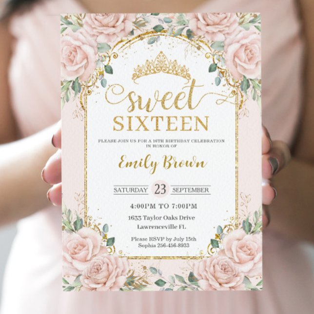 Sweet sixteen  Rosa Blommigt Guld 16:e födelsedag Inbjudningar (Skapare uppladdad)