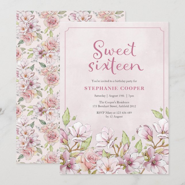 Sweet sixteen Rosa Blommigt inbjudan (Fram/baksida)